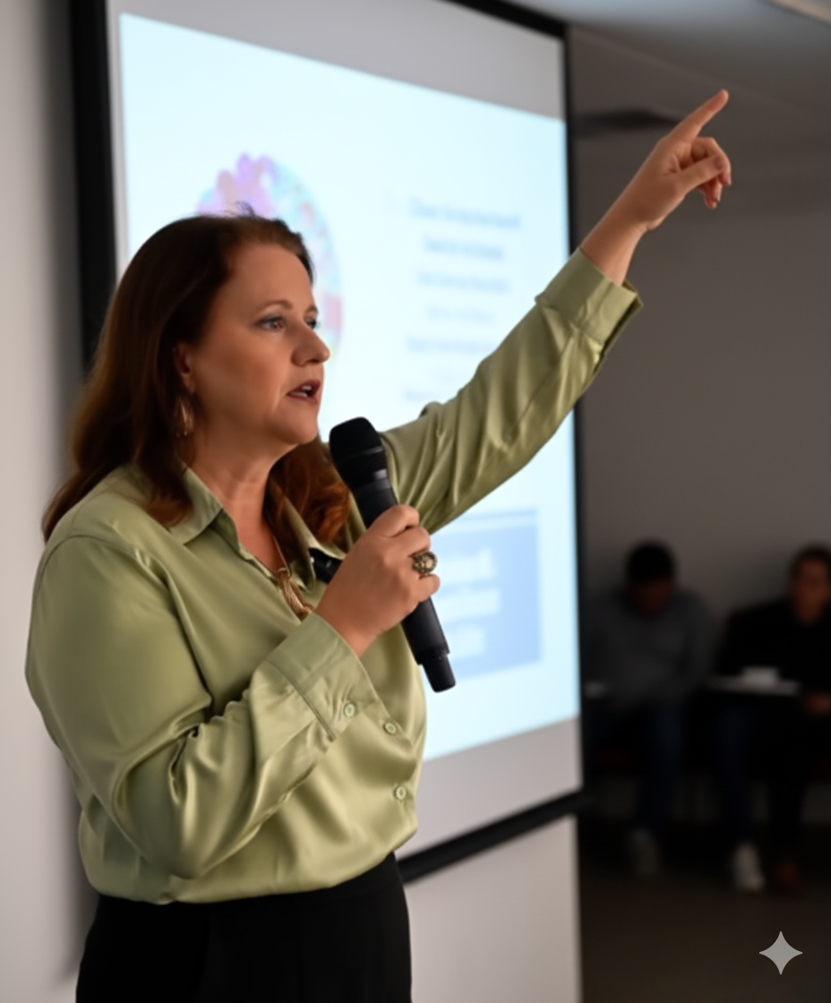 Terapeuta Mônica Damião em palestra sobre as dores ocultas que geram a ansiedade
